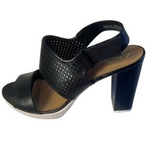 Clarks Sandals Womens Size 10W Black Leather Ankle Strap Open Patina Malory NEW